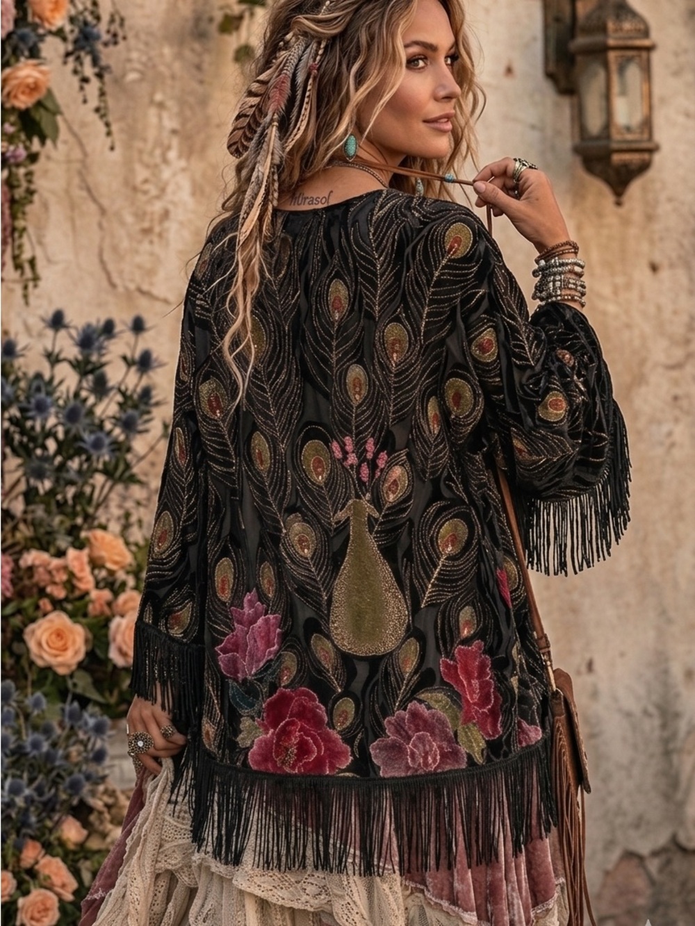 Mirasol Burnout Velvet Peacock Cardigan Jacket Beaded Sequins Fringe Size M Boho